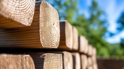 Poster - Stack of freshly cut wooden logs showcasing natural texture and detailed grain patterns in sunlight : Generative AI