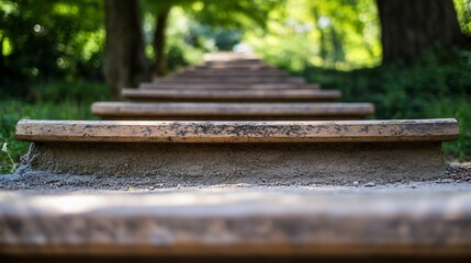 Poster - Closeup perspective of wooden steps ascending through lush green trees in a serene environment : Generative AI
