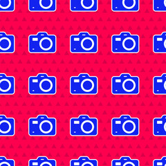 Poster - Blue Photo camera icon isolated seamless pattern on red background. Foto camera. Digital photography. Vector