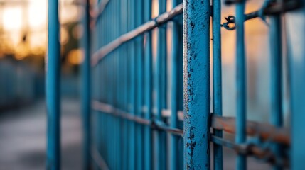 Fototapete - Dramatic Perspective of Blue Metal Fence with Sunset Glow in the Background : Generative AI