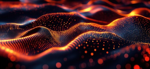 Poster - Abstract digital waves with glowing orange and blue particles creating a mesmerizing visual effect