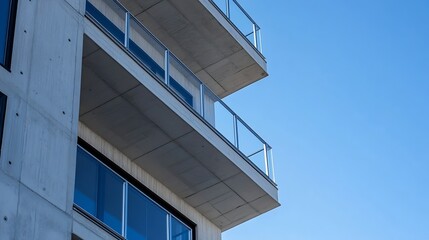 Aufkleber - Contemporary balcony view of a stylish concrete building against a clear blue sky on a sunny day : Generative AI