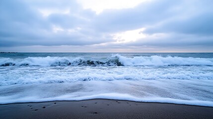 Poster - Waves Crashing on a Sandy Beach Under a Dramatic Cloudy Sky at Dusk : Generative AI