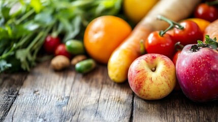 Poster - Fresh and Colorful Assortment of Seasonal Fruits and Vegetables on Wooden Table : Generative AI