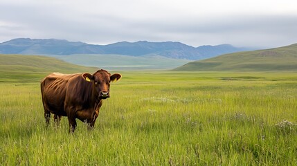 Poster - Brown cow grazing in a green meadow with mountains in the background : Generative AI