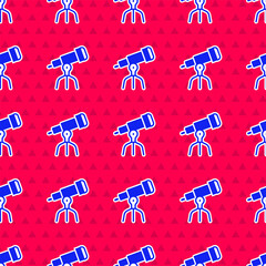 Poster - Blue Telescope icon isolated seamless pattern on red background. Scientific tool. Education and astronomy element, spyglass and study stars. Vector