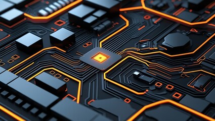 Futuristic Circuit Board Design – Intricate Orange & Black High-Tech Digital Illustration