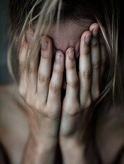 Poster - Woman Covering Face with Hands Depicting Emotion and Vulnerability in a Serene Atmosphere : Generative AI
