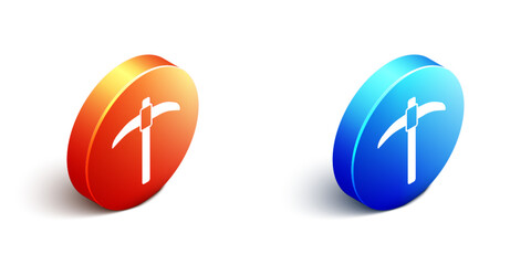 Poster - Isometric Pickaxe icon isolated on white background. Orange and blue circle button. Vector