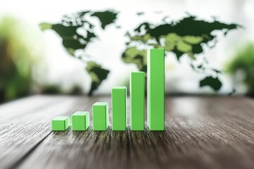 Poster - Global Growth: A green bar graph representing global economic growth, set against a blurred backdrop of a world map, symbolizing the expansion and progress.