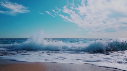 Poster - Gentle Ocean Waves Crashing on Sandy Beach Creating a Picturesque Coastal Scene Under Bright Sky : Generative AI