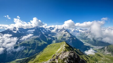Poster - Breathtaking mountain landscape view capturing the beauty of nature and tranquility under blue skies : Generative AI