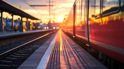 Aufkleber - Golden hour sunlight reflecting off the sleek surfaces of trains and platforms at a bustling railway station : Generative AI