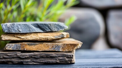 Poster - Closeup of layered natural stone slabs highlighting unique textures and earthy colors : Generative AI