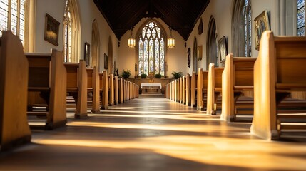 Leinwandbilder - Interior of a church with wooden pews and stunning light streaming through stained glass windows : Generative AI