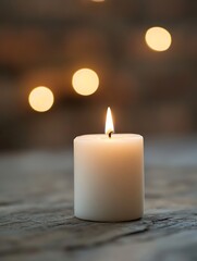 Leinwandbilder - Single white candle lit gently casting soft light creating a peaceful and tranquil atmosphere : Generative AI