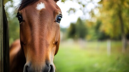 Poster - Close Up of a Beautiful Brown Horse in a Lush Green Pasture Under Bright Outdoor Light : Generative AI