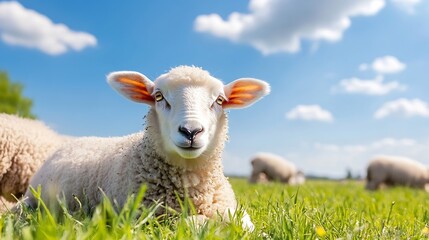 Poster - Charming fluffy sheep lying peacefully in green grass under blue sky : Generative AI