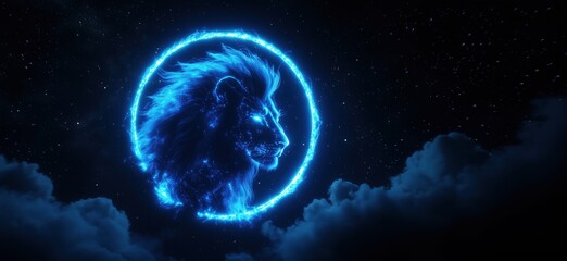 Poster - Glowing blue lion silhouette within cosmic circle against starry night sky