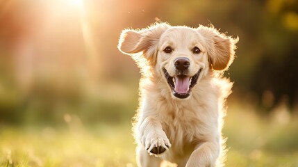 Poster - Happy playful golden retriever puppy running joyfully in soft golden sunlight outdoors : Generative AI