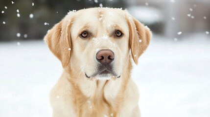 Poster - Closeup portrait of a fluffy yellow Labrador Retriever dog with snowflakes gently falling on its fur : Generative AI