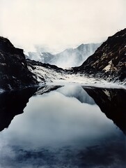 Poster - Stunning scenic view of a peaceful water landscape reflecting rocky mountains under cloudy sky : Generative AI