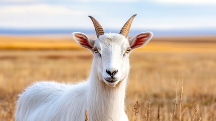 Poster - Charming goat with a smiling expression grazing in the open fields under a clear sky : Generative AI