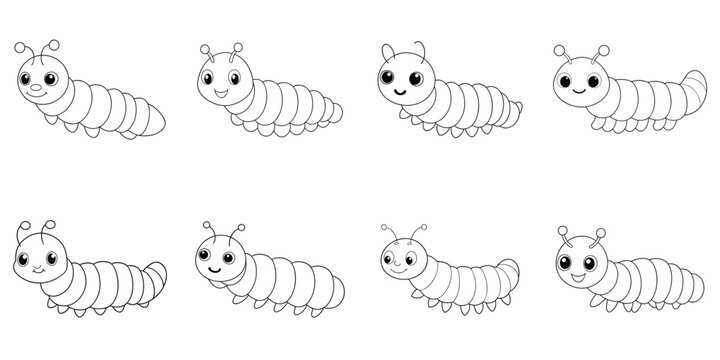 Set of Cute kawaii caterpillar cartoon character coloring page vector illustration. Wild animal, insect colouring page for kids