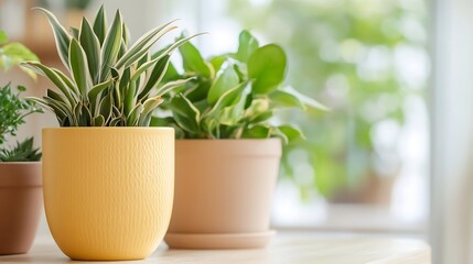 Aufkleber - Indoor plant arrangement featuring vibrant green leaves in modern pots on a table : Generative AI