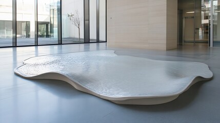 Poster - Contemporary art installation featuring a wavy reflective surface in a minimalist indoor setting : Generative AI