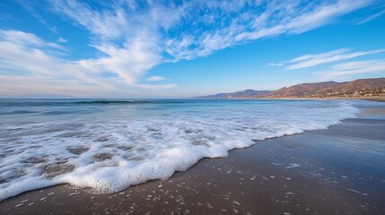 Poster - Picturesque beach scene with waves crashing softly on the sandy shore under clear skies : Generative AI