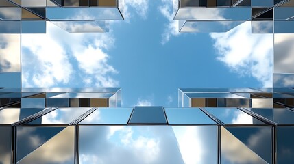 Aufkleber - Skyview of a modern glass building reflecting clouds and blue sky from below creating a stunning visual : Generative AI