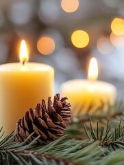 Poster - Beautiful close up of a candle with pine cones and soft glowing lights in the background : Generative AI