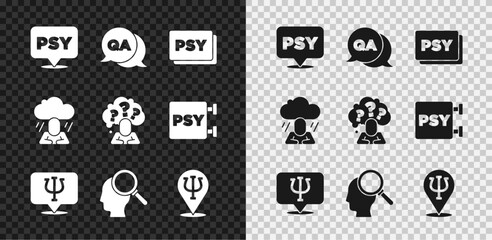 Poster - Set Psychology, Psi, Question and Answer, Finding problem, Depression and Head with question mark icon. Vector