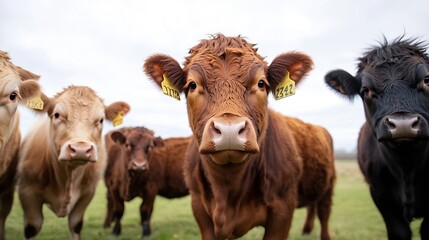 Poster - Curious cows standing closely on a green pasture with rich textures and natural scenery : Generative AI