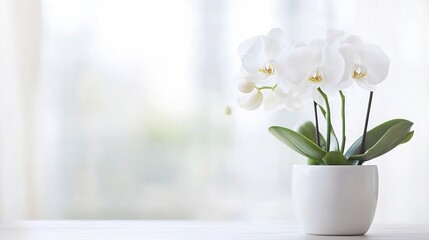 Leinwandbilder - An elegant arrangement of white orchids in a pot placed against a softly lit background : Generative AI