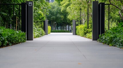 Aufkleber - Serene Perspective of a Green Pathway Surrounded by Lush Trees in a Modern Park Setting : Generative AI