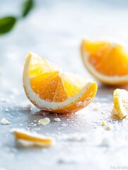 Poster - Sliced Orange Segments Sparkling with Sugar Crystals on a Bright Marble Surface : Generative AI