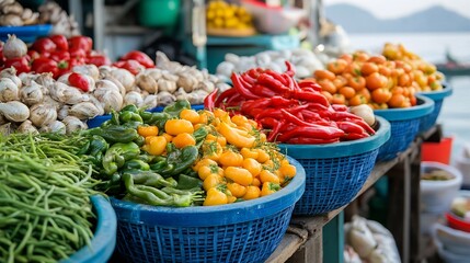 Aufkleber - fresh organic vegetables displayed in vibrant baskets at a bustling local market setting : generativ