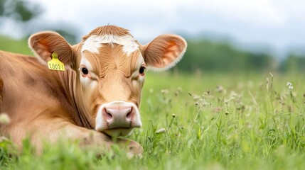 Poster - Closeup of a playful young calf resting in lush green grass under a cloudy sky : Generative AI