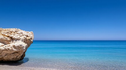 Poster - Idyllic Beach Scene with Crystal Clear Water and Large Rock Under a Bright Blue Sky : Generative AI