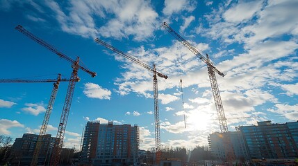 Poster - Construction Cranes and Modern Buildings under Blue Sky