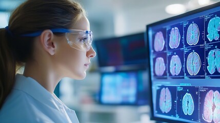 Poster - female scientist analyzing brain scans showcasing medical technology and innovation in neuroscience 