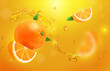 © lightgirl - 3d realistic vector horizontal banner, orange liquid with bubbles and falling citrus fruits, orange juice splash, orange color background with flying fruit ads
