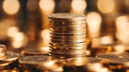 Poster - Shiny golden coins stacked high creating a sense of wealth and prosperity in soft bokeh effect : Generative AI
