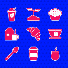 Poster - set croissant, cup of tea, mate, with bag, teaspoon, milk, muffin and leaf icon. vector