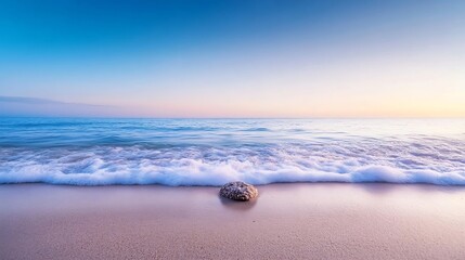 Aufkleber - Tranquil Seascape with Calm Water on Sandy Beach at Dawn Highlighting a Single Stone : Generative AI