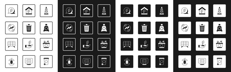 Poster - Set Oil rig, Trash can, Electric saving plug in leaf, Leaf Eco symbol, Garbage bag with recycle, friendly house, Recycle bin and Solar energy panel icon. Vector