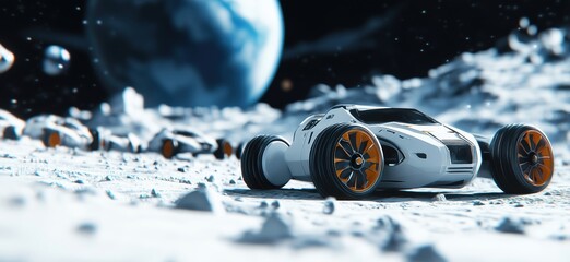 Poster - Futuristic lunar vehicle exploring alien landscape with distant planet