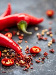 Aufkleber - Spicy red chili peppers with seeds scattered on a dark surface highlight vibrant culinary ingredients : Generative AI